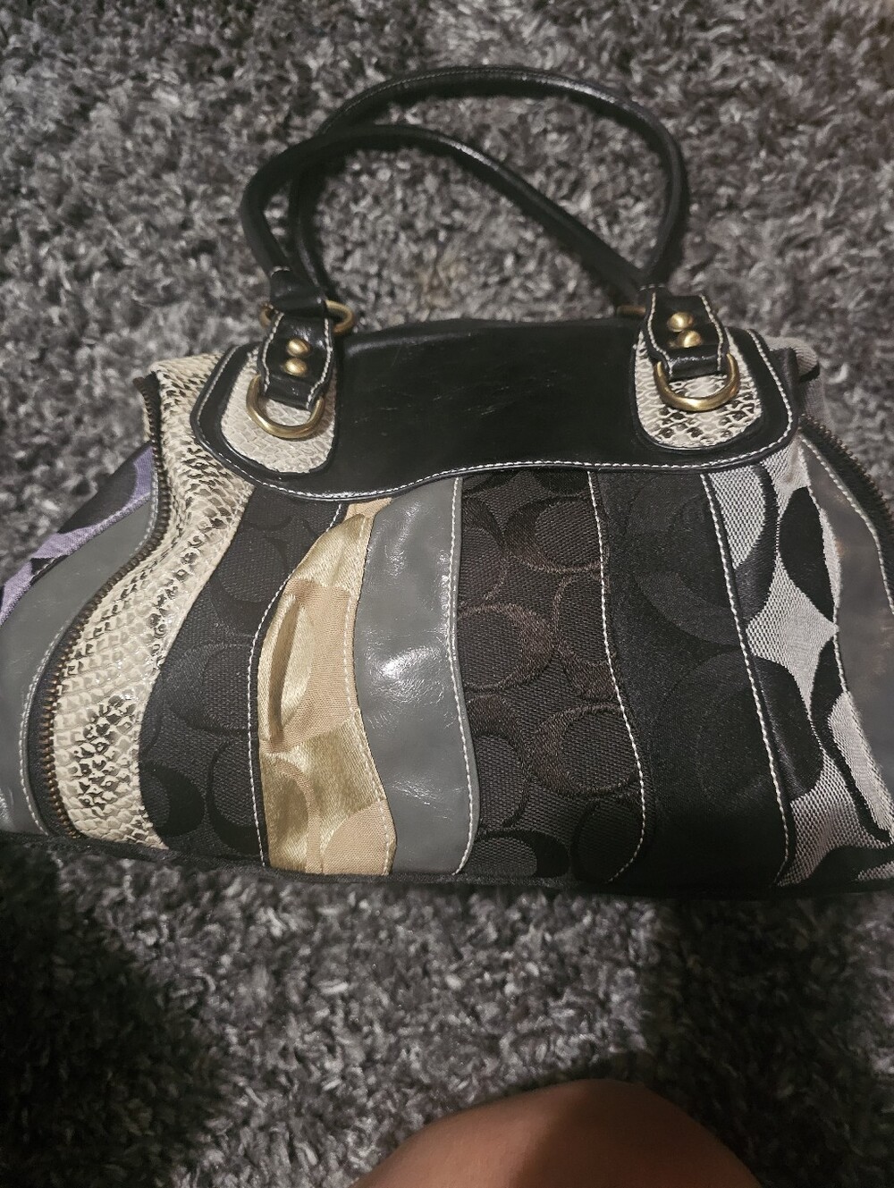 Patchwork Striped Satchel Handbag - Black, Gray, Gold, Cream... COACH